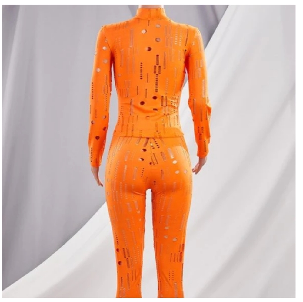 New Orange Peel Distressed Ripped Stretched Torn Mock Neck Bodycon Pant Set M - Picture 8 of 12